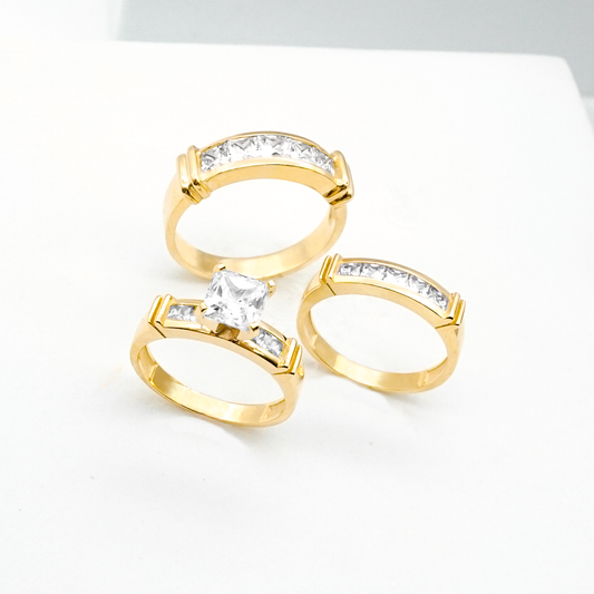 Trío matrimonial de oro amarillo con zirconias 14k