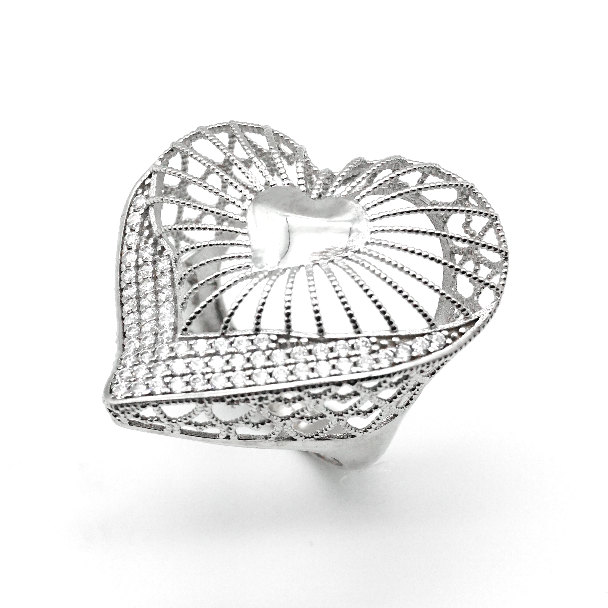 Anillo Corazón Oro blanco y zirconias| 10k | 4.8g