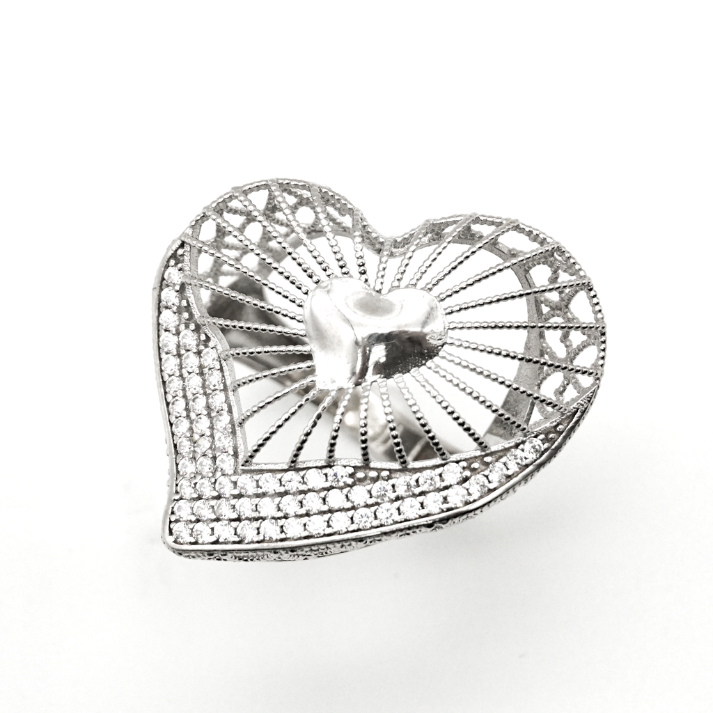 Anillo Corazón Oro blanco y zirconias| 10k | 4.8g