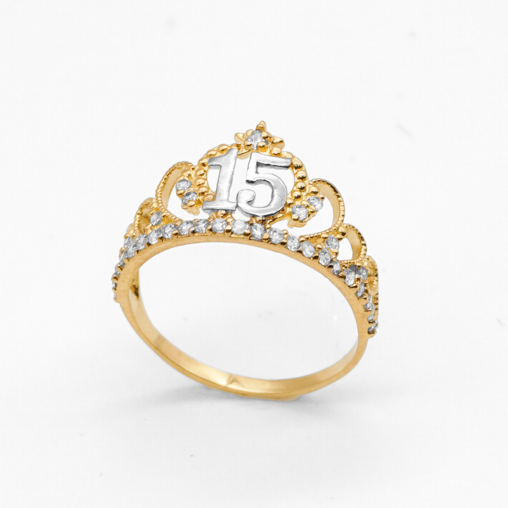 Anillo XV Años, Oro blanco y amarillo con zirconias  | 10k |  1.7g