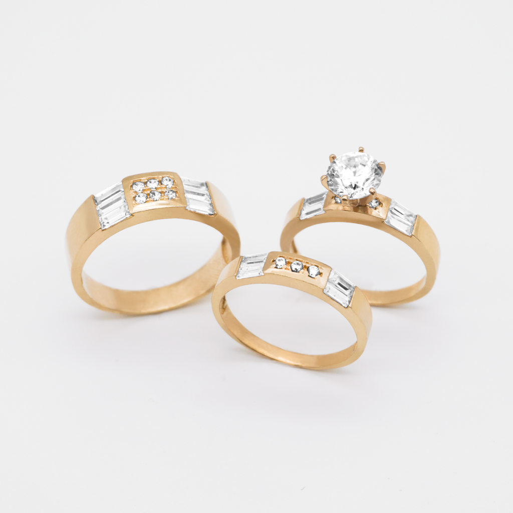 Trío Matrimonial de oro amarillo con zirconias | 14k | 8.9g